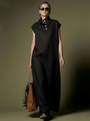 Women's Premium Minimalist Henley Neck Herringbone Linen Maxi Dress ZMZ2704A9K