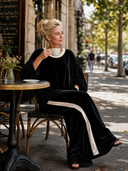 Women's Vintage Elegant Velvet Set: Round-Neck Lantern-Sleeve Top And Elastic-Waist Wide-Leg Pants ZMZ1913H6ZYY