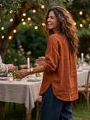 Women Autumn Thick Premium Cotton Linen Oversized Tunic Top Stand Collar Half Zip Long Sleeve Side Split Pocket Loose Fall Casual Blouse ZMZ2133G3YZH