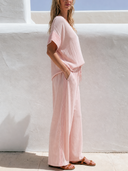 Women Ribbed Knit Striped 2 Piece Outfit Off Shoulder Short Sleeve Top Drawstring Wide Leg Pants Casual Loungewear Matching Set ZMZ0323G0YZH
