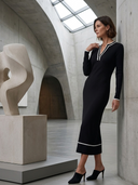 Women Ribbed Knit Midi Dress Contrast Piping V Neck Long Sleeve Elegant Causal Office Dress ZMZ3177G4YZH