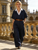 Women's Retro Casual Cotton Linen Short-Sleeve Shirt And Trousers Two-Piece Set ZMZ2681B9TO