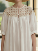 Women's High-end Old-money Style Hollowed-out Knit Patchwork Cotton And Linen Short-sleeved Maxi Dress ZMZ2795B3K