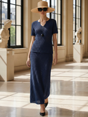 Women's Elegant Vintage-style Knitted Short-sleeved Top And Elastic Waist Skirt Set ZMZ2520B7K