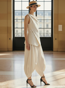 Women's High-end Old-money Style Cotton And Linen Vest And Harem Pants Set ZMZ2672B9K