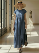 Women's High-end Minimalist Cotton-linen Blend Round Neck Short-sleeved Maxi Dress ZMZ1450B6K