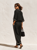 Women's French-style Relaxed V-neck Color-blocked Trim Blouse And Wide-leg Trousers Two-piece Set ZMZ2523H9XT