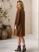 Women's Vintage Western-Style Faux Suede Square Neck, Flared Sleeves, And Cut-Out Embroidery At The Hem Midi Dress ZMZ2826H7ZYY