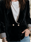 Women's French-style Elegant Velvet Double-breasted Blazer With V-neck And Plaid Cuffs ZMZ2823H6ZYY