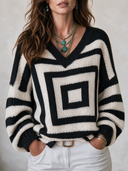 Women's Vintage-Style Loose Long-Sleeve Sweater With V-Neck And Black-and-White Color-Block Design ZMZ0192I6ZYY