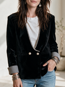 Women's French-style Elegant Velvet Double-breasted Blazer With V-neck And Plaid Cuffs ZMZ2823H6ZYY