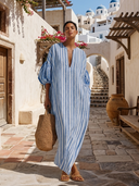 Women's Striped V-Neck Puff-Sleeve Loose Kaftan Maxi Dress ZMZ0961G7XT