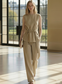 Women's French-style Elegant Cotton And Linen Blend T-shirt And Trousers Set ZMZ2981A5K