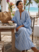 Women's Striped V-Neck Puff-Sleeve Loose Kaftan Maxi Dress ZMZ0961G7XT