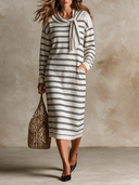Women's Nautical Style Striped Tie-neck Long-sleeved Knit Midi Dress ZMZ0895I5XT