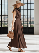 Women's Old Money Style Brown Cotton And Linen Sleeveless Commuter Dress ZMZ2879B7U