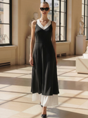 Women's High-end Old-money Style Lyocell Blend Black And White Patchwork Sleeveless Maxi Dress ZMZ2874B4K