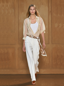 Women's American Retro Style Tencel Blend Shirt And Cotton Trousers Three-piece Set (scarf Not Included) ZMZ2863A8K