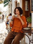Women's Solid Color Loose Fit Multi-Layer Linen Blend Long-Sleeve T-Shirt  ZMZ0263G4XT