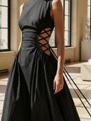 Women's High-end Old-money  Style Pure Cotton With Waist Tie Sleeveless Maxi Dress ZMZ2591B0K