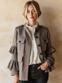 Women's Retro Casual Herringbone Stand Collar Ruffle Button Jacket ZMZ1544J6ZJY