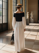 Women's French-style Elegant Knitted And Cotton Blend Off-the-shoulder Long-sleeved Maxi Dress ZMZ0663B7K