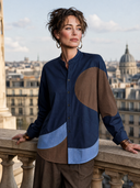 Women's Vintage Casual Long-Sleeve Cotton Shirt With Stand Collar And Color-Block Paneling ZMZ1789H9ZYY