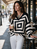 Women's Vintage-Style Loose Long-Sleeve Sweater With V-Neck And Black-and-White Color-Block Design ZMZ0192I6ZYY