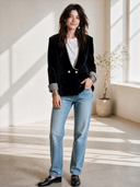 Women's French-style Elegant Velvet Double-breasted Blazer With V-neck And Plaid Cuffs ZMZ2823H6ZYY