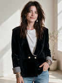 Women's French-style Elegant Velvet Double-breasted Blazer With V-neck And Plaid Cuffs ZMZ2823H6ZYY