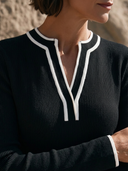 Women Ribbed Knit Midi Dress Contrast Piping V Neck Long Sleeve Elegant Causal Office Dress ZMZ3177G4YZH