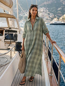 Women's Retro Casual Plaid Print Cotton Linen Shirt Long Sleeve Midi Dress ZMZ2304E8ZJY