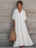 Women's Breezy Cotton-linen Maxi Dress With Lettuce-edge V-neck—perfect For Vacation ZMZ0340G0SWL