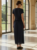 Women's High-End Old Money Style Pleated Stretch Fabric Short-Sleeve T-Shirt And Skirt Set ZMZ2702B0K