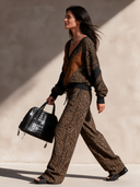 Women's Retro Casual Faux Suede Zebra Print V-Neck Pullover Sweatshirt And Pants Set ZMZ1172I4ZJY
