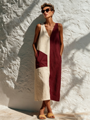 Women's Color-Block V-Neck Cotton-Linen Midi Dress ZMZ3015F9XT