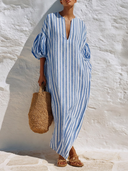 Women's Striped V-Neck Puff-Sleeve Loose Kaftan Maxi Dress ZMZ0961G7XT