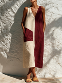 Women's Color-Block V-Neck Cotton-Linen Midi Dress ZMZ3015F9XT