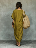 Women's Vintage Cotton-Linen Round-Neck Short-Sleeve Maxi Dress ZMZ0279E8XT