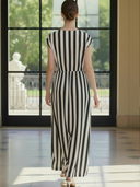 Women's French-style Elegant Tencel Blend Vertical Striped V-neck Maxi Dress ZMZ0537B6K