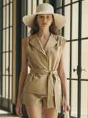 Women's Fashionable Old-money Style Pure Cotton Sleeveless Vest And Elastic Waist Shorts Set ZMZ1276B9K