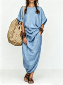 Women's Vintage Cotton-Linen Round-Neck Short-Sleeve Maxi Dress ZMZ0279E8XT