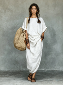 Women's Vintage Cotton-Linen Round-Neck Short-Sleeve Maxi Dress ZMZ0279E8XT