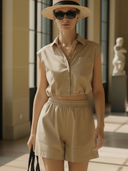 Women's French-style Elegant Pure Cotton Sleeveless Shirt And Elastic Waist Shorts Set ZMZ1470B3K