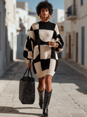 Women's Retro Casual Crew Neck Lantern Sleeve Geometric Print Loose Knit Mini Dress ZMZ1125I5ZYY