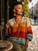 Women's Classic Casual Horizontal Stripes And Color-Block Paneling V-Neck Single-Breasted Knit Cardigan ZMZ1464H0ZYY