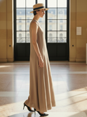 Women's High-end Old-money Style Embroidered Tencel And Linen Blend V-neck Sleeveless  Maix Dress ZMZ1099B5K