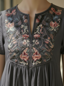 Women's Minimalist Embroidered Cotton-linen Blend V-neck Short-sleeved Maxi Dress ZMZ1416B3K