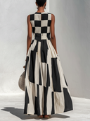 Women's Casual & Stylish Cotton-Linen Blend With Plaid And Stripe Paneling Sleeveless Maxi Dress ZMZ1139E4ZYY