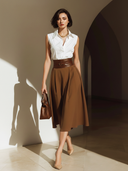 Women's Old-money Style Cotton Sleeveless Shirt And Rayon Blend Skirt Set (with Belt) ZMZ2664B2U